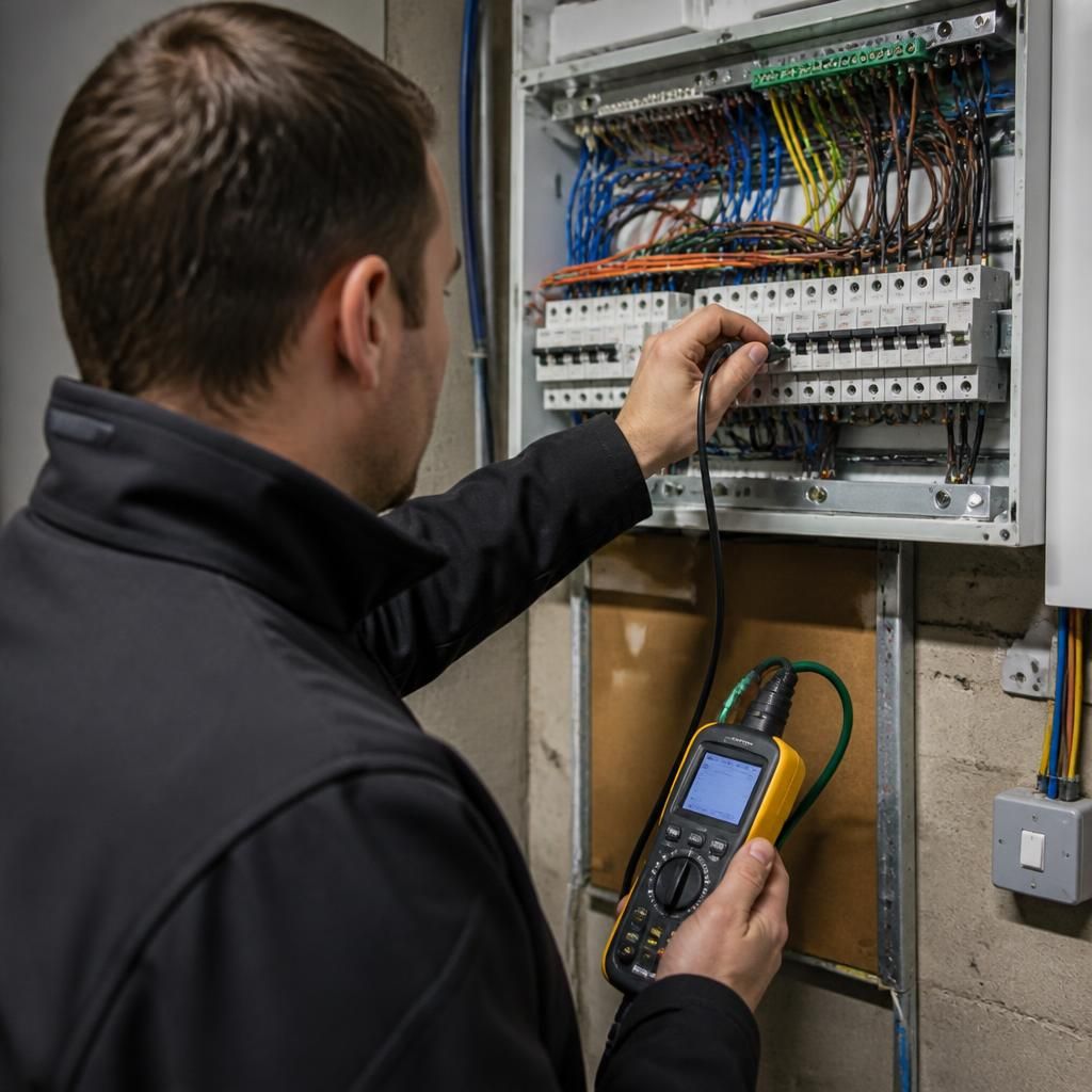 Electrician inspecting a consumer unit with a testing instrument