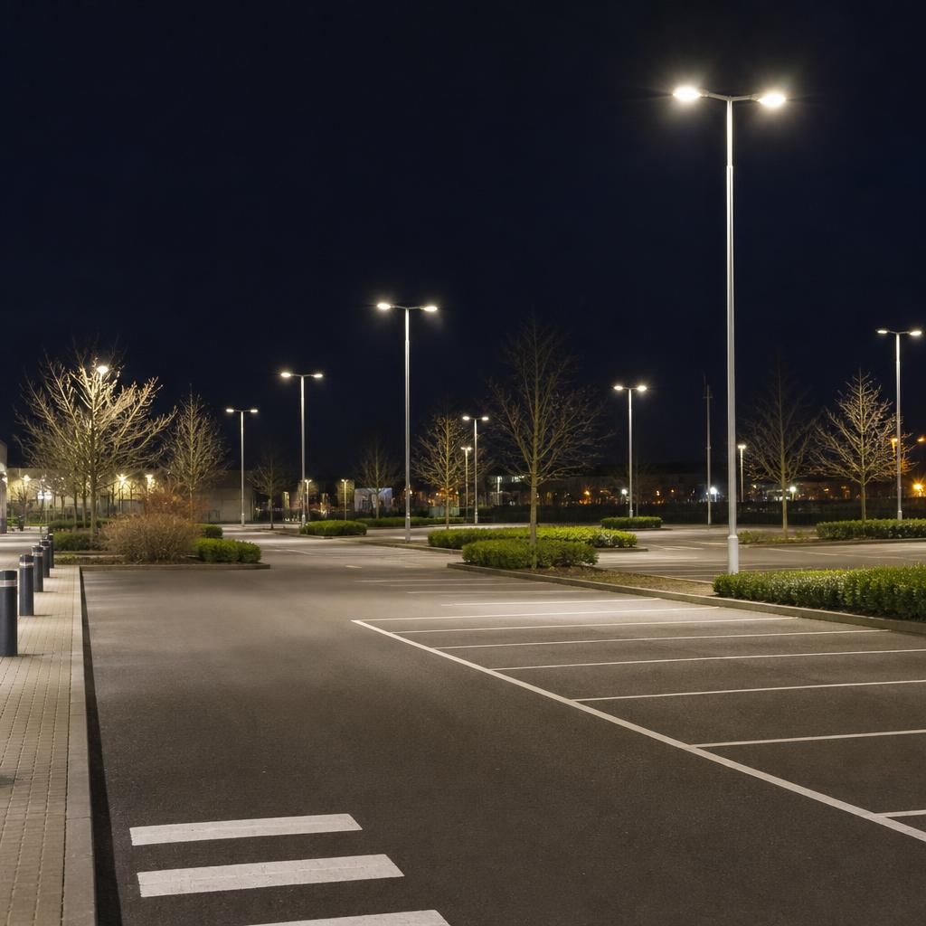Commercial lighting providing practical illumination across a car park