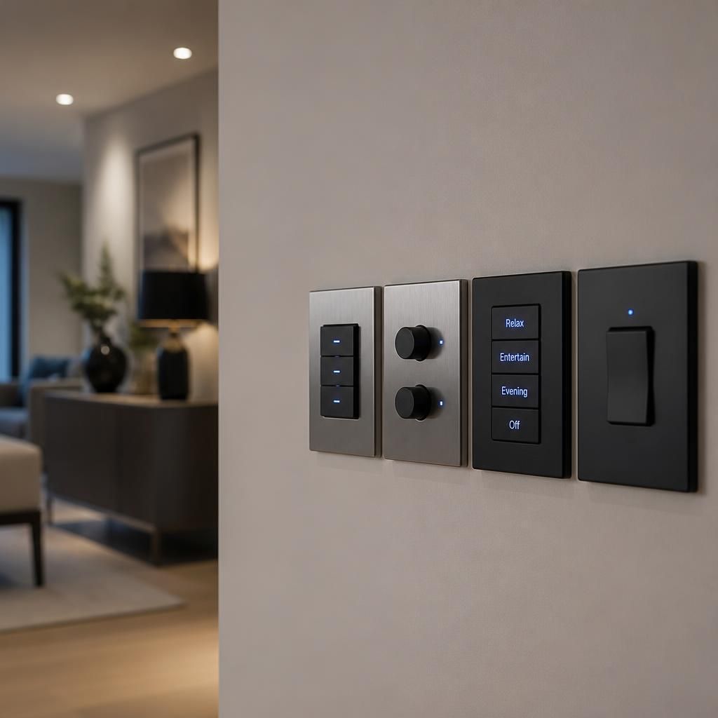 Wall-mounted light switches, dimmer controls and scene buttons in a modern room