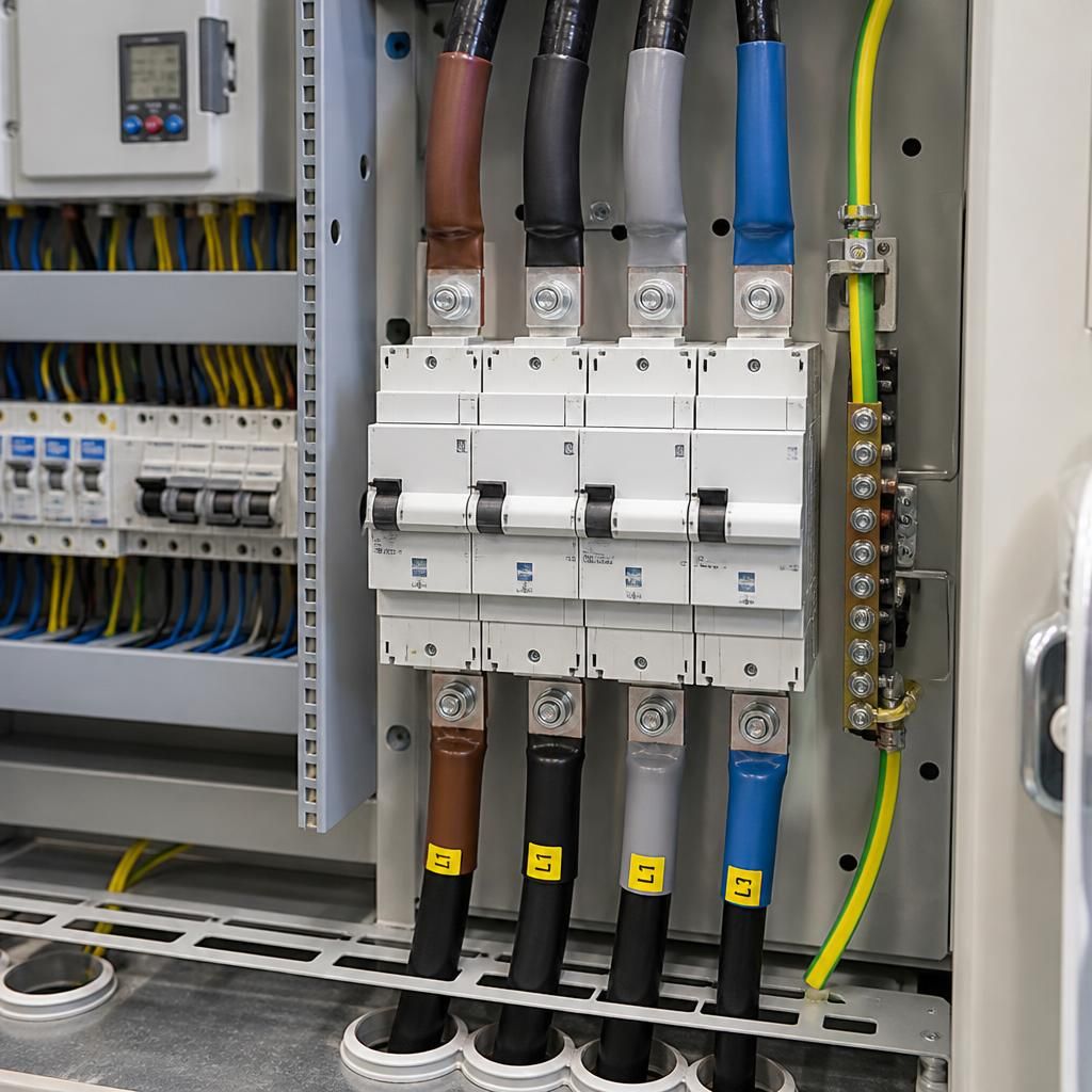 Three-phase electrical distribution board with connected industrial cabling