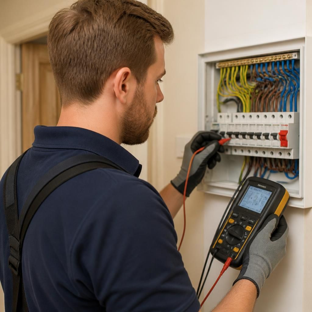 Electrician testing a domestic consumer unit with electrical testing equipment