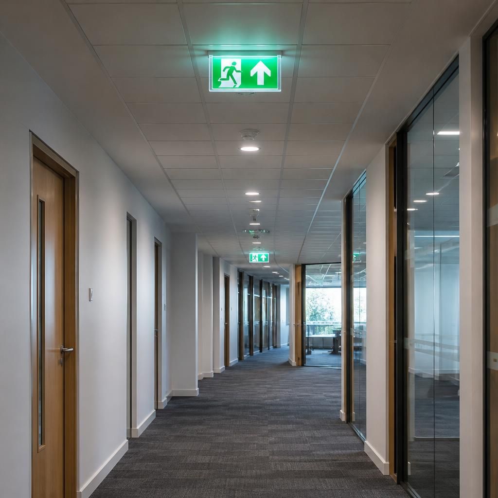 Emergency exit signs and ceiling-mounted luminaires in a commercial corridor