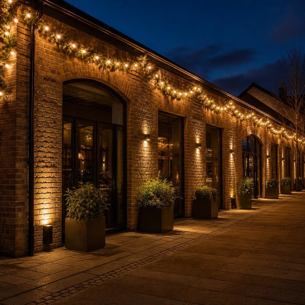 Commercial building with seasonal festoon lighting installed along an external frontage