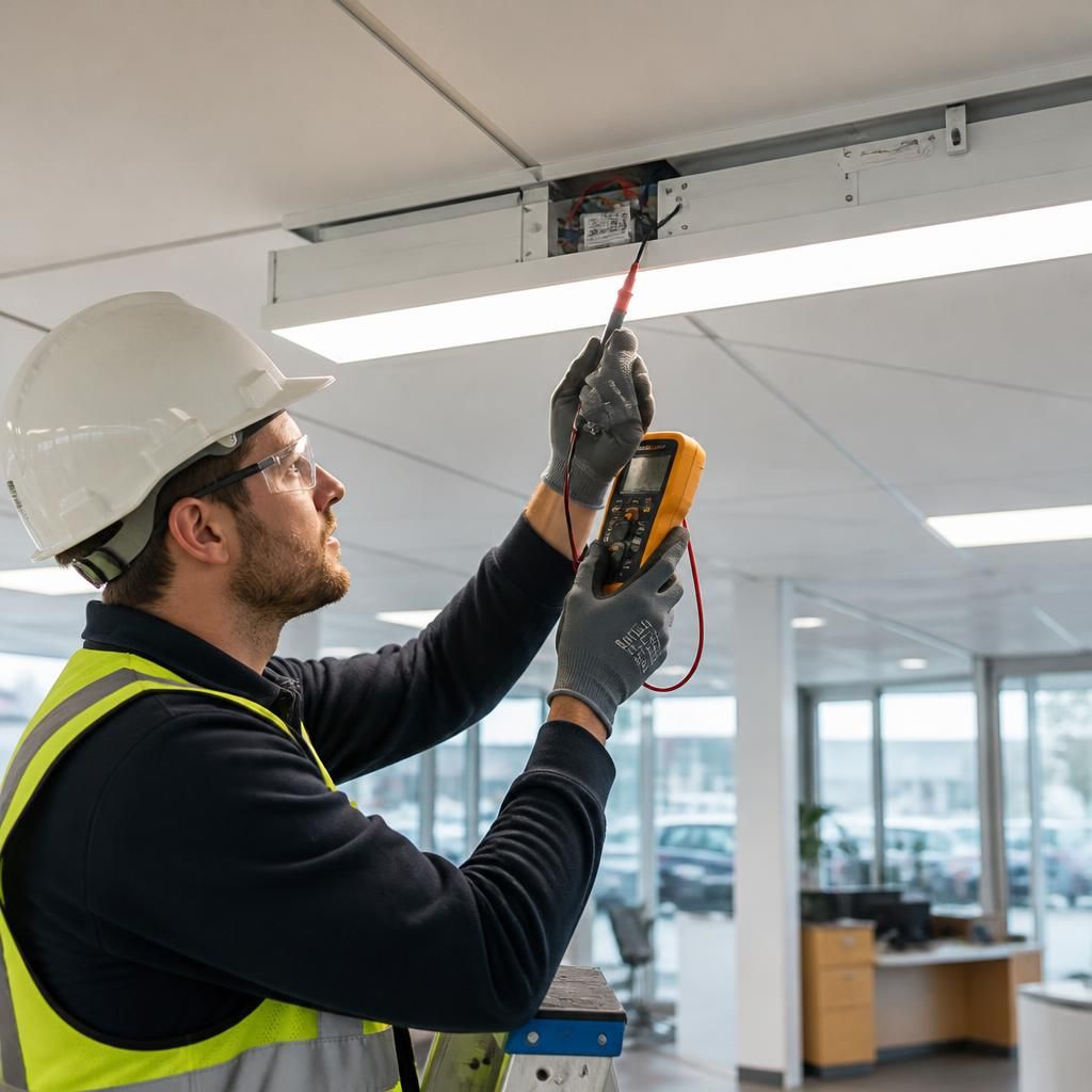 Electrician testing commercial LED light fittings after installation