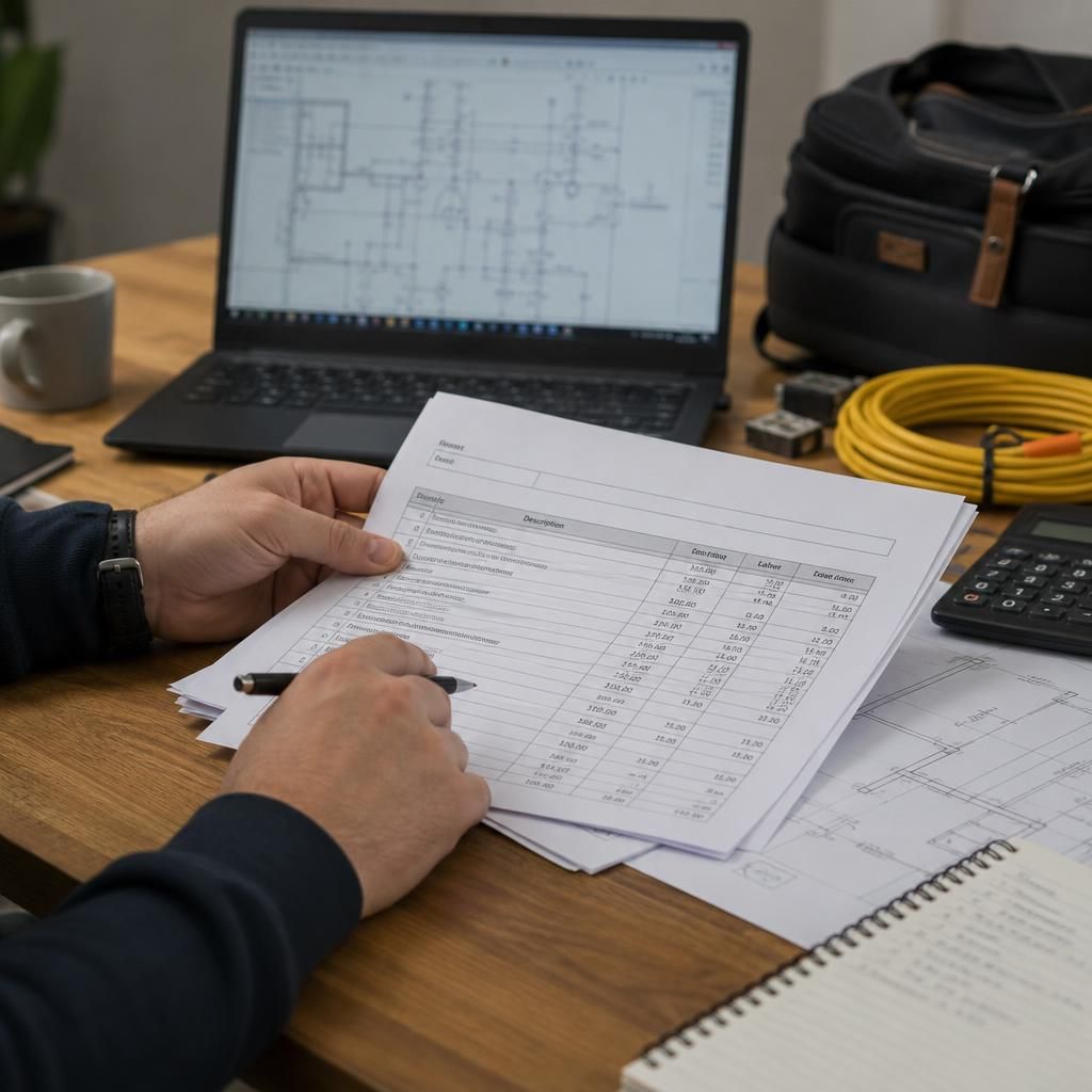 Commercial electrical quotation with itemised costs, technical specifications and project responsibilities